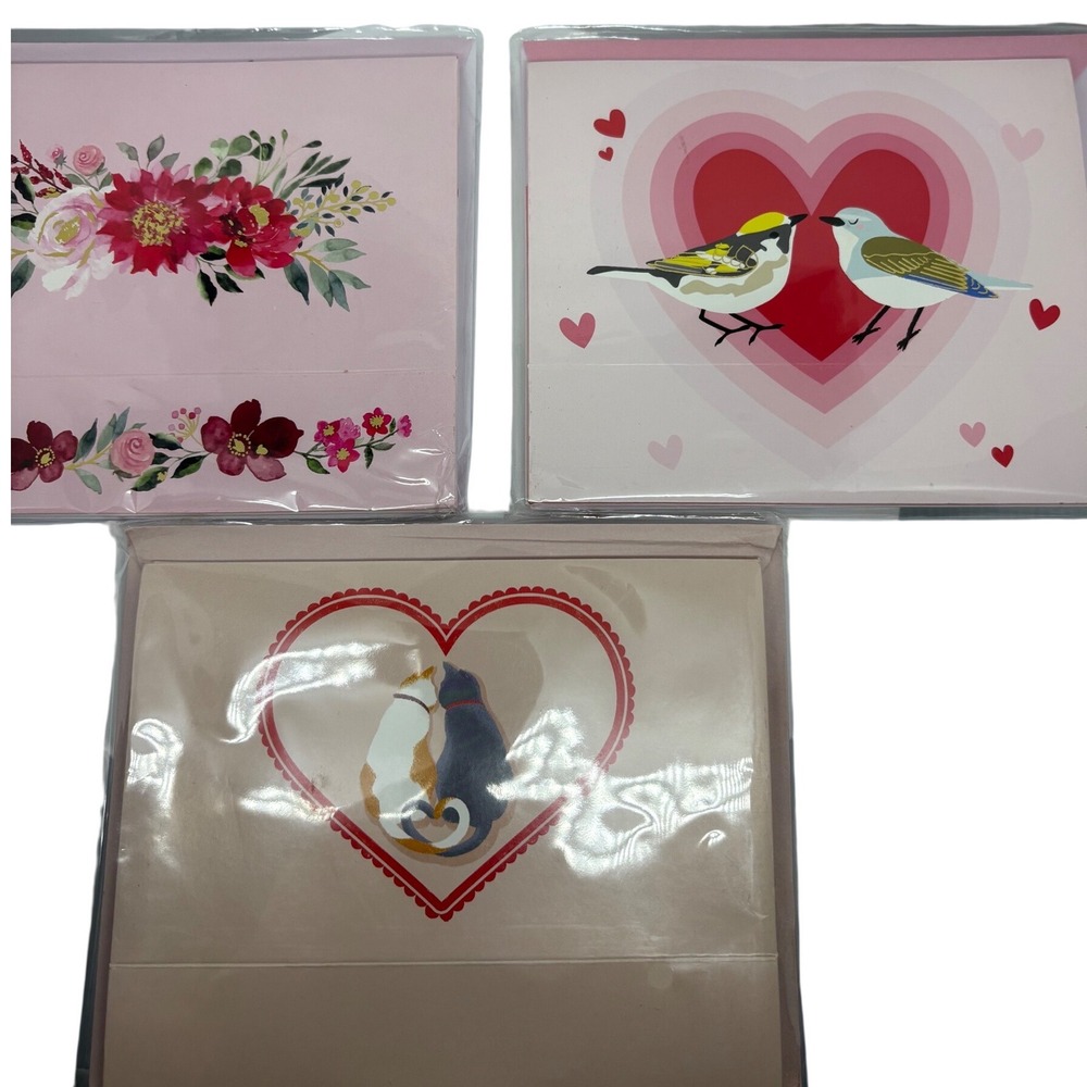 3 Shadowbox Cards Valentines Day Romantic Bouquet Love‎ Birds Cats UP With Paper